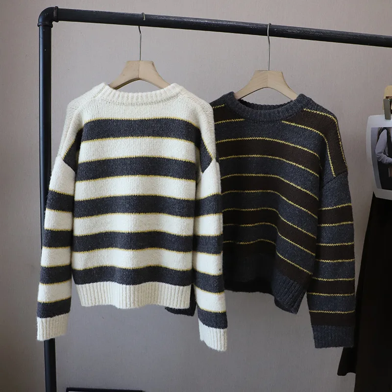 2025 Herbst/Winter Neue Rundhals Gestreiften Lose Faul Dicke Warme Pullover Pullover für Frauen