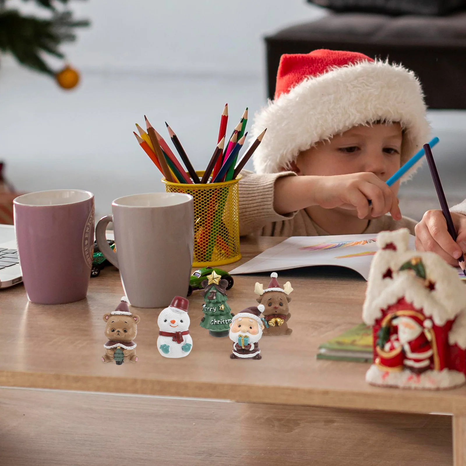 

Miniature Resin Craft Set With Christmas Santa Claus Elk Snowman Adornments For Home Decor