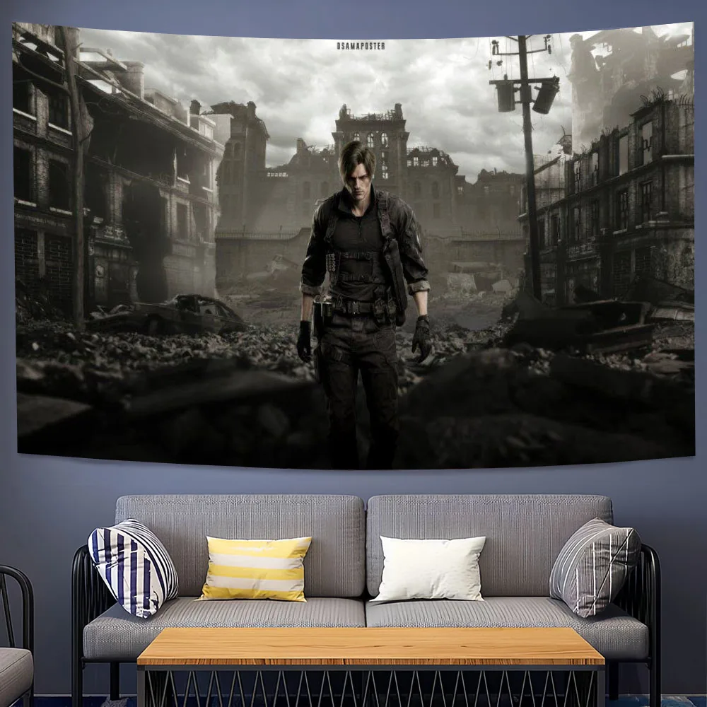 L-Leon K-Kennedy Poster Printed Tapestry R-Resident E-Evil Hippie Style Wall Hanging Home Decor Room Aesthetic Background Cloth