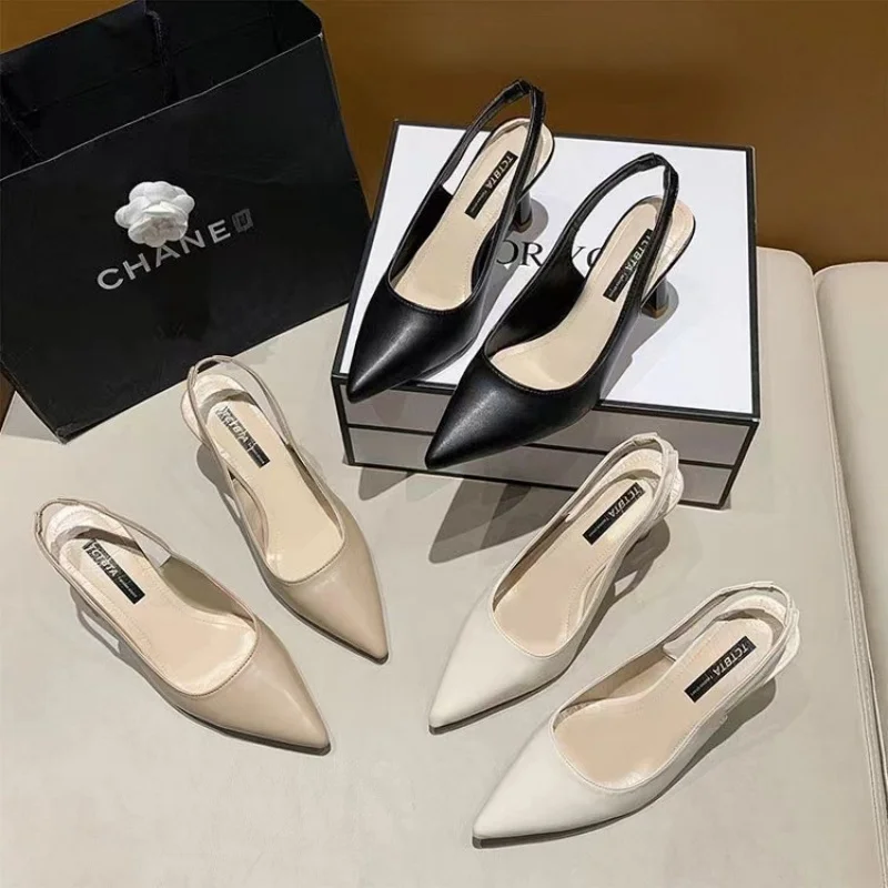 Baotou, sandalias vacías en la espalda, tacones altos, tacón grueso para mujer, primavera 2021, nuevos zapatos individuales, zapatos de trabajo negros con punta estrecha, tacones altos