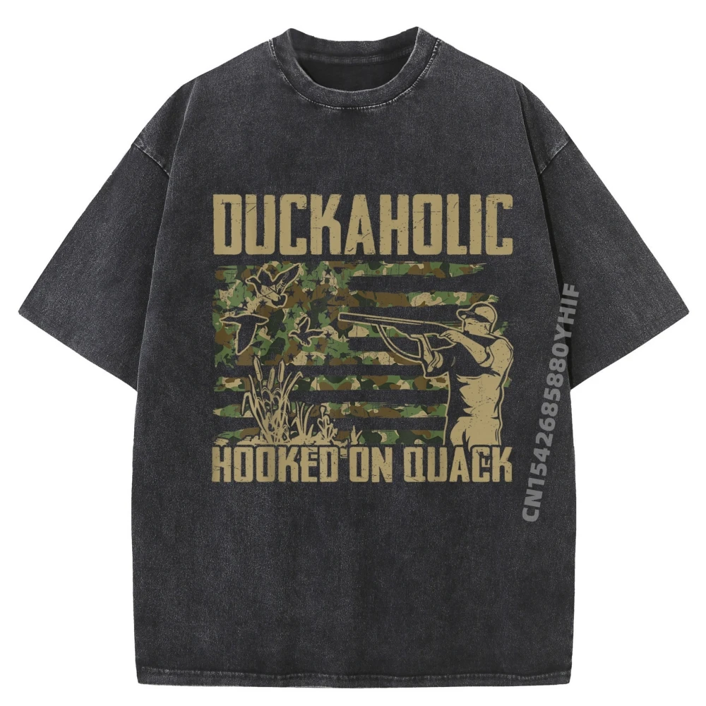 

Funny Hunter Duckoholic Hooked On Quack Camo Mens Clothing Graphic Shirts For Men Retro Washed T Shirt Printing