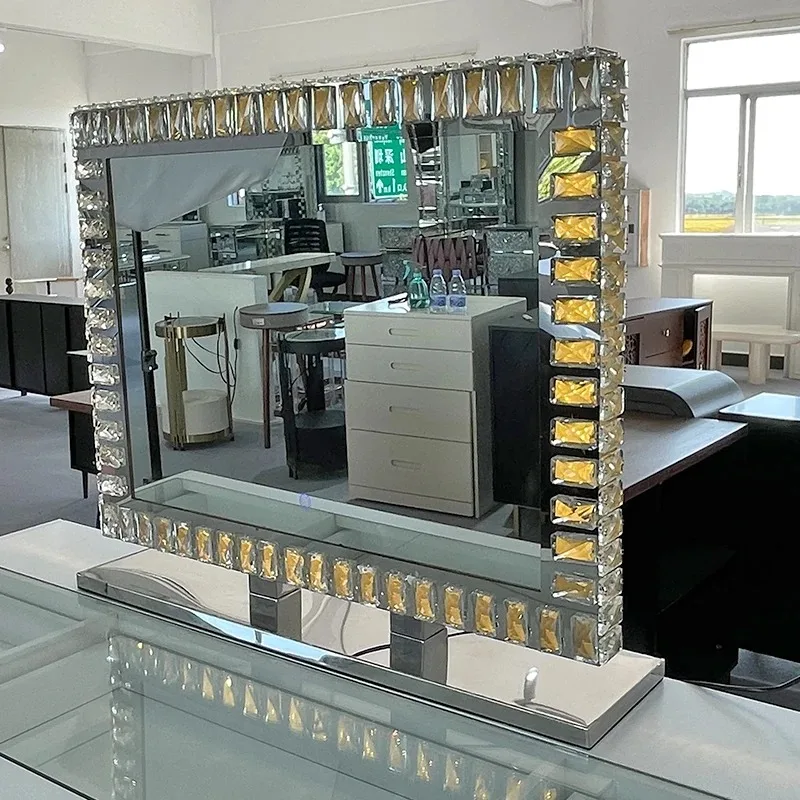 Hot Sale Desktop Makeup Mirror 3 Color Light Emitting Diode Crystal Touch Switch Beautiful Mirror with Light