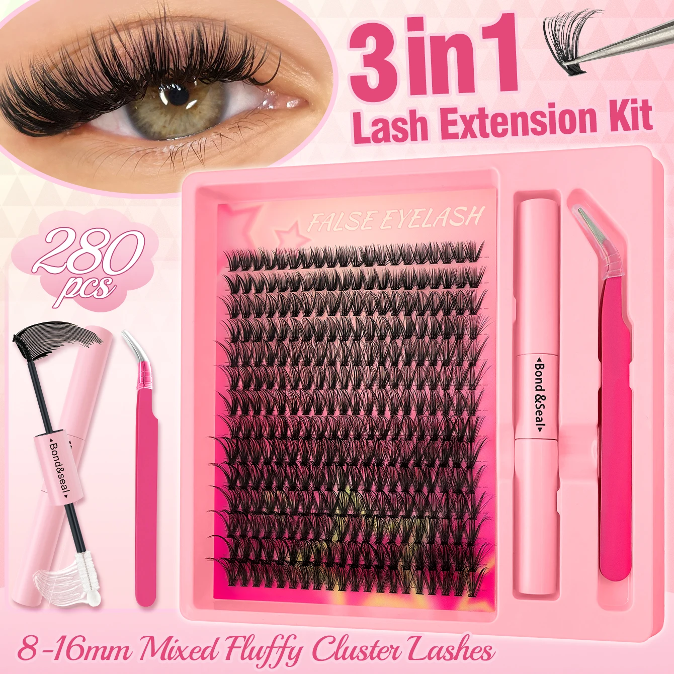 3in1 Lash Extension Kit 40D 280pcs Fluffy Cluster Lashes 8-16mm Bond&Seal + Tweezer