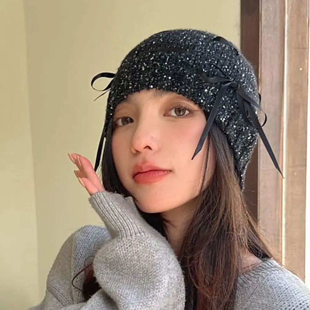 

Sweet Bow Bowknot Beanies Hat Black Beanies Sequin Knitted Hat Warm Cap Jennie Style Knit Cap Autumn