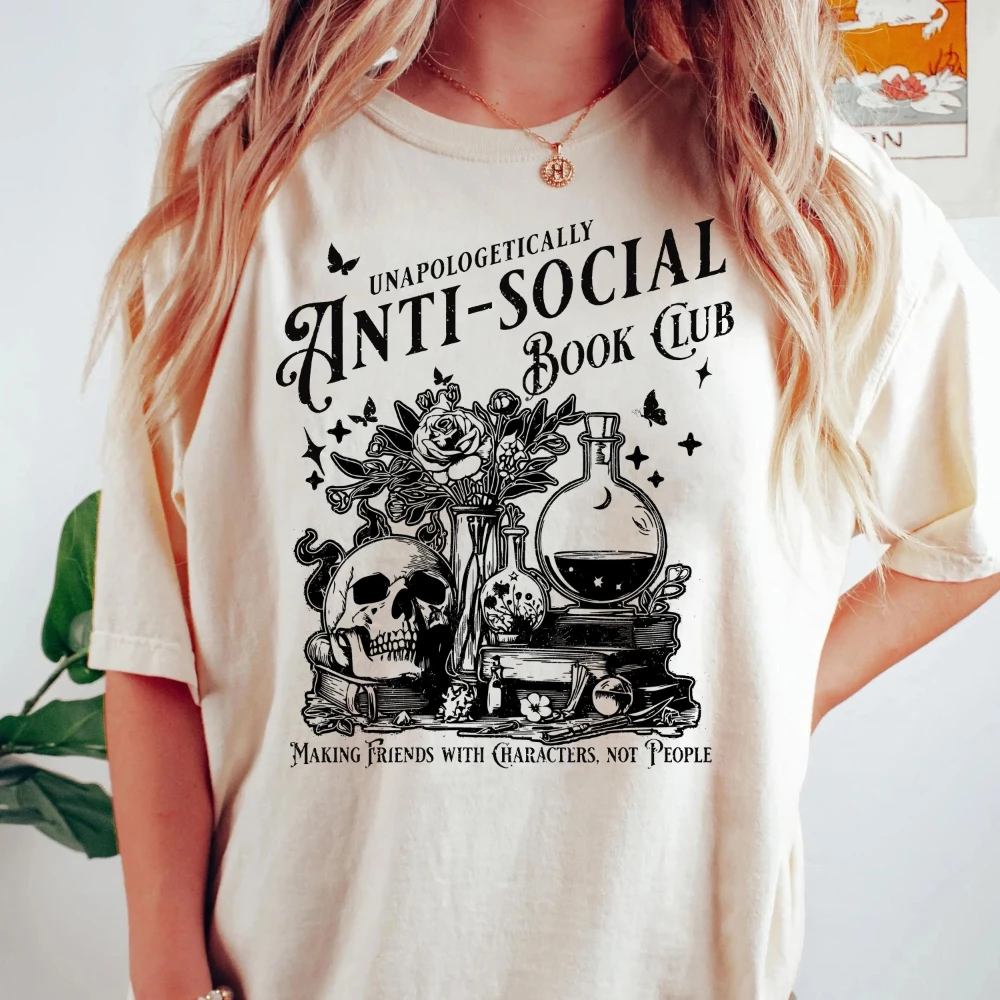 Anti-Social Book Club T-Shirt Introverted Reader Vintage Style Graphic Tee Men's Women's Short Sleeve T-Shirt Half Sleeve Top