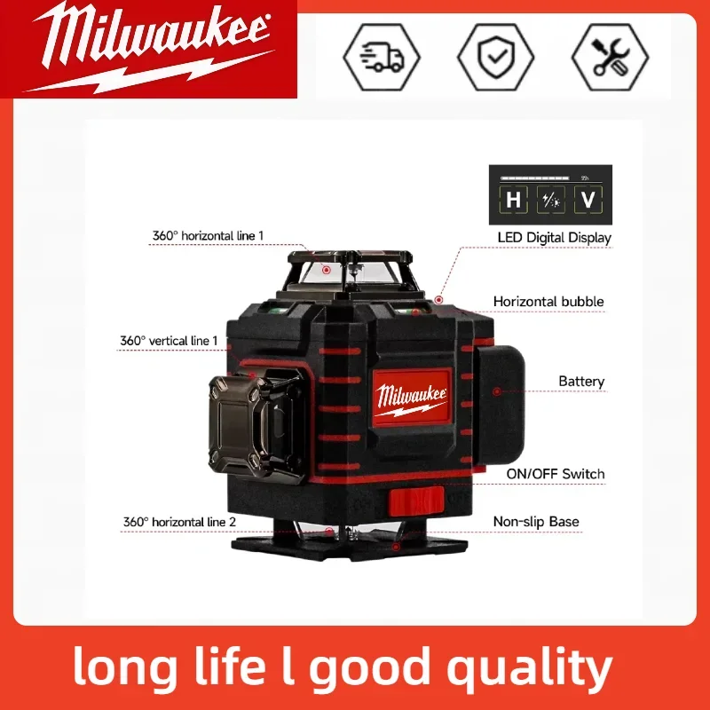 밀워키 레이저 레벨 4면*360도 수직 4.2V 3-4D 16라인 그린 빔 자동 수평 조절 수직 교차선 레이저