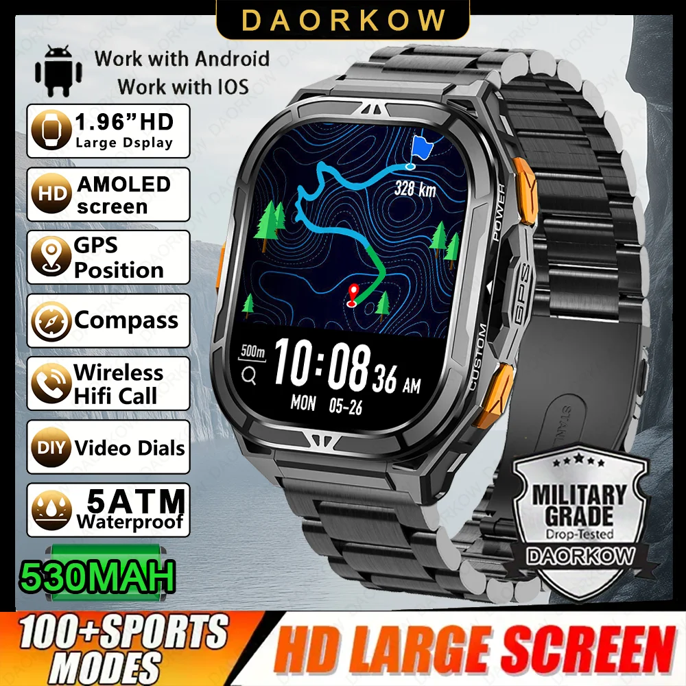 

From DAORKOW new in 2025 GPS smartwatch for men, 1.96-inch high-definition AMOLED screen, Compass, Wireless call,5ATM waterproof