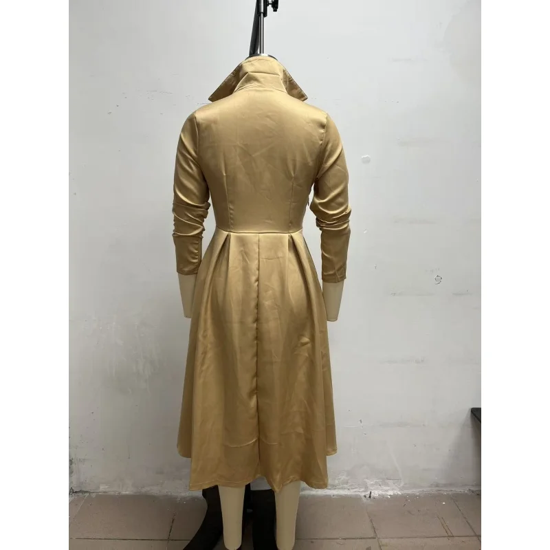 Elegantes Damen-Midikleid mit Hemdkragen, langen Ärmeln, V-Ausschnitt, Knopfleiste vorne, A-Linien-Schnitt, ausgestellter Rock und Taschen – ideal für Büro, Party oder formelle Anlässe. – Detail 11