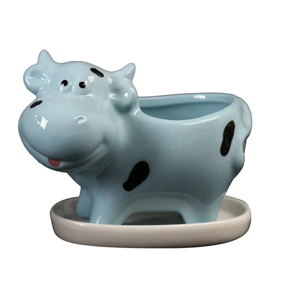 1Pcs Ceramic Flowerpot with Tray Rhinoceros Shape Creative Desktop Ornament for Succulent Plants Home Office Decor Garden Props