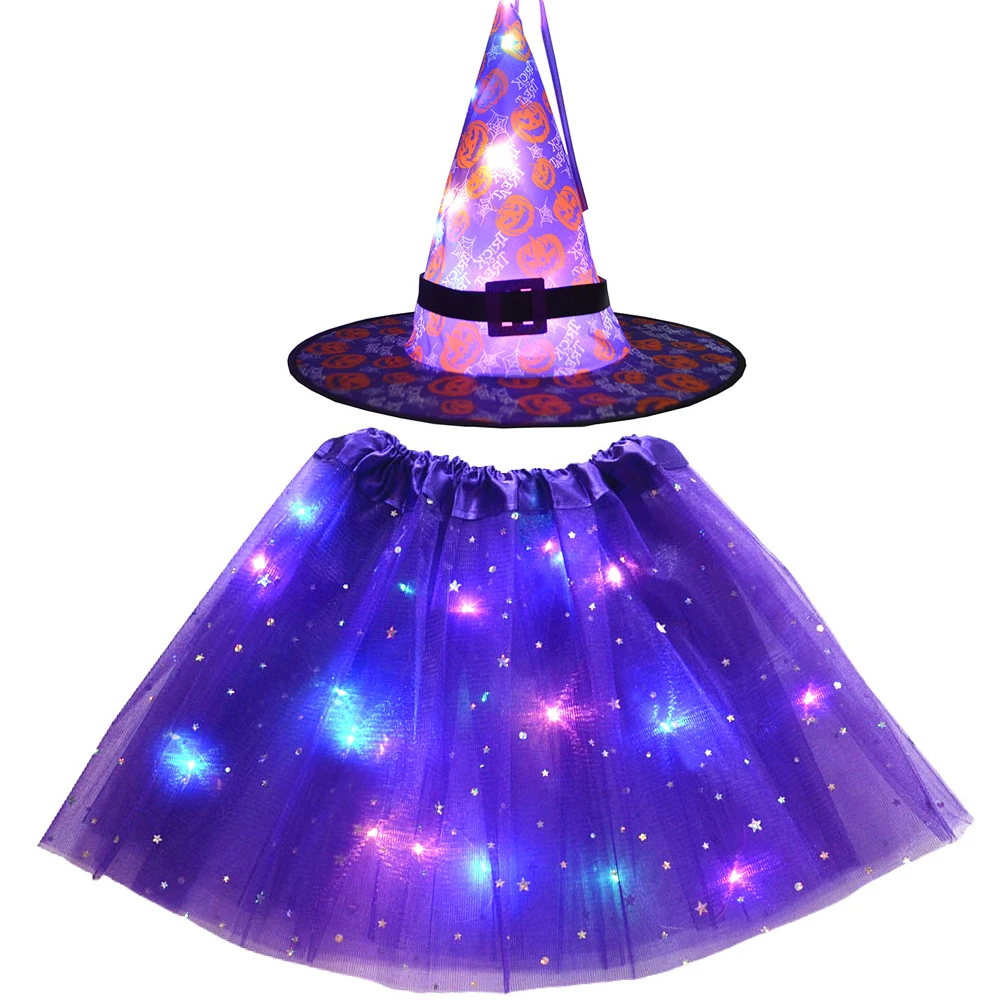 Kobiety Dzieci Dziewczyna Glow Cobweb Light Up Tutu Skirt Spider Web Hat Wizard Witch Costume Party Gift Bat Cloak Halloween Festival