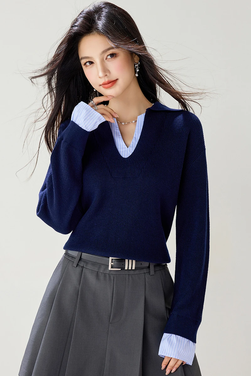 

Autumn Winter Pullover Sweater Women Knitwear Tops Warm Pullovers Korean Fashion Chic False Two-piece Woman Clothes