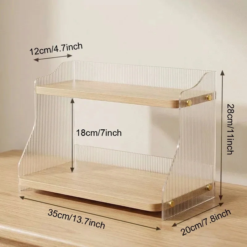 Clear Ribbed Acrylic Desk Shelf, 2-Layer Wooden Countertop Organizer Space-Saving Storage Rack for Magazine Perfume Books JJ5548