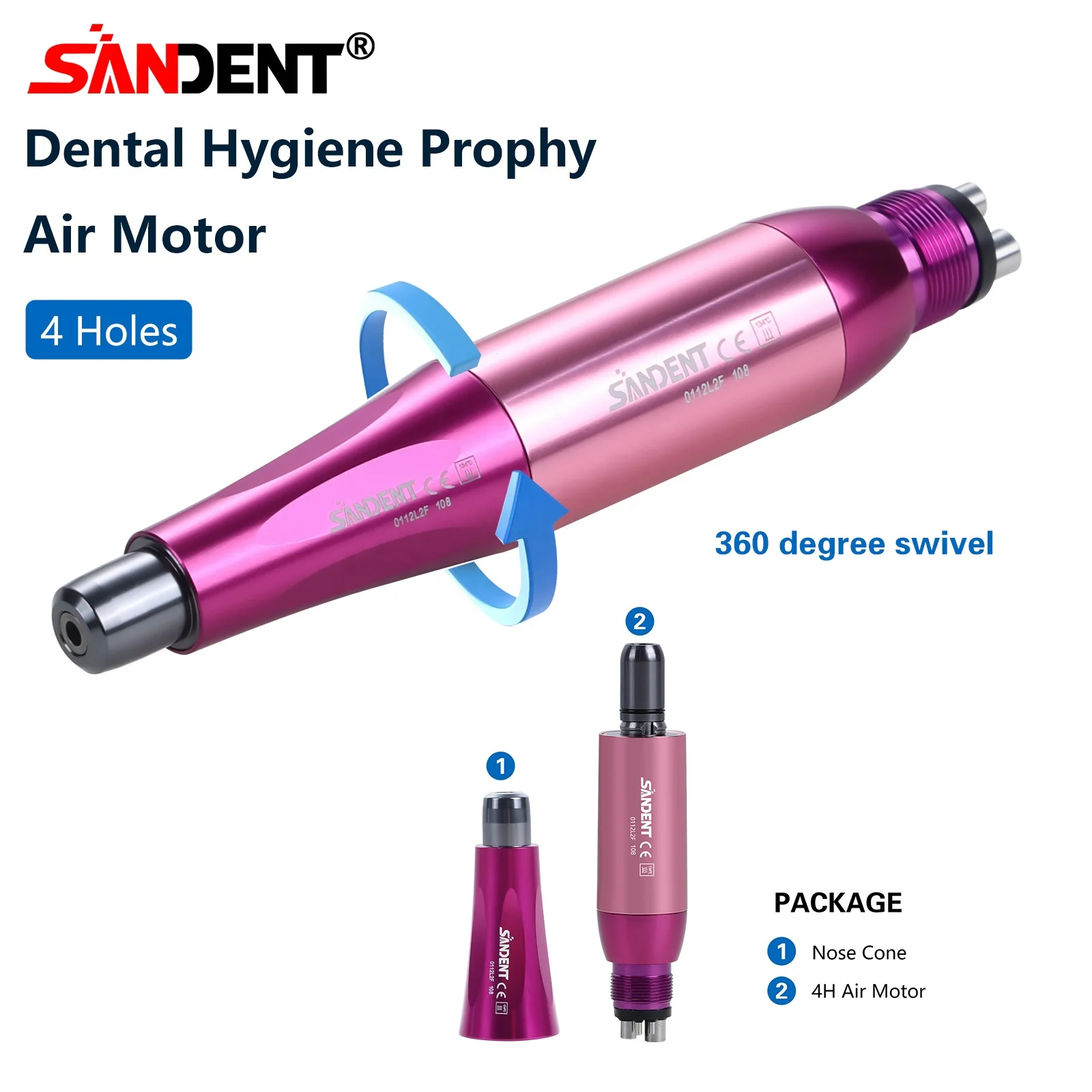 KimsoSANDENT  Hygiene Prophy Handpiece Air Motor 4 Holes With 4:1 Reduction Low Speed Handpiece 360° Swivel Lab Polishing Tool