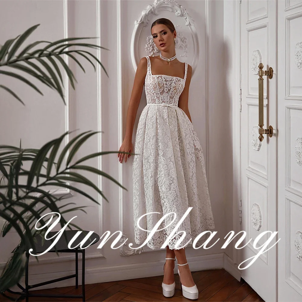 Yunshang Maßgeschneidertes Spitzen-A-Linien-Brautkleid mit quadratischem Ausschnitt, Spaghettiträgern, ärmellos, Schnürung, knöchellang, Brautkleider 2026