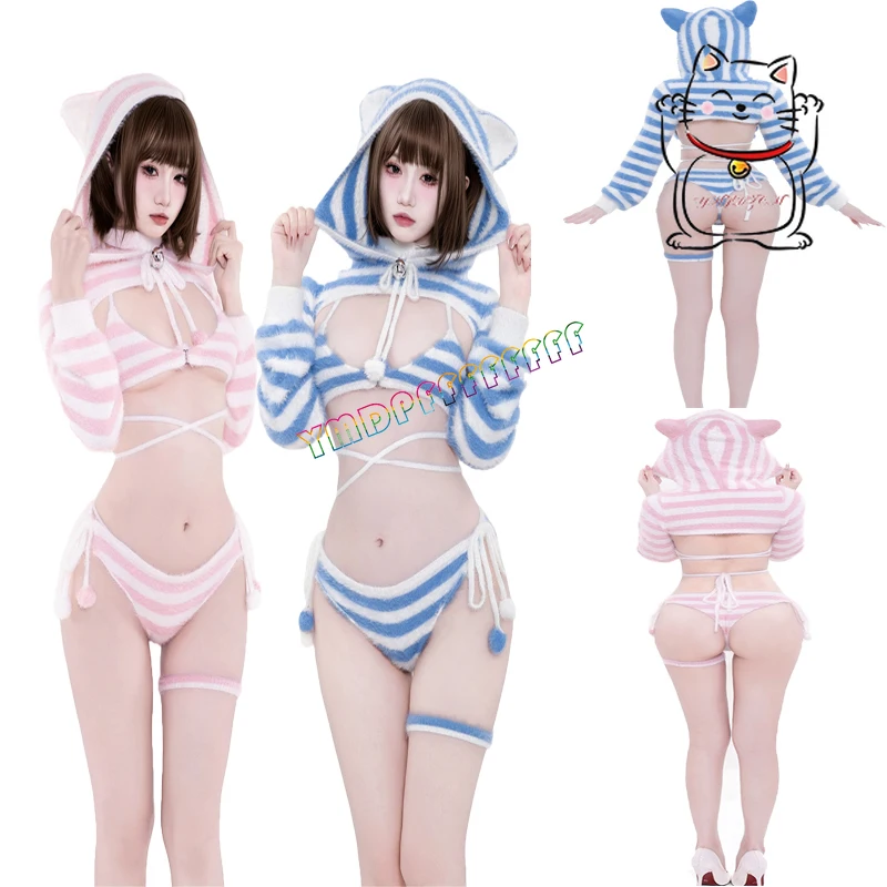 

Anime Otter Rabbit Hair Bikini Sexy Cosplay Set Blue Pink Striped Cute Pajama Style Halloween Role Playing Costume