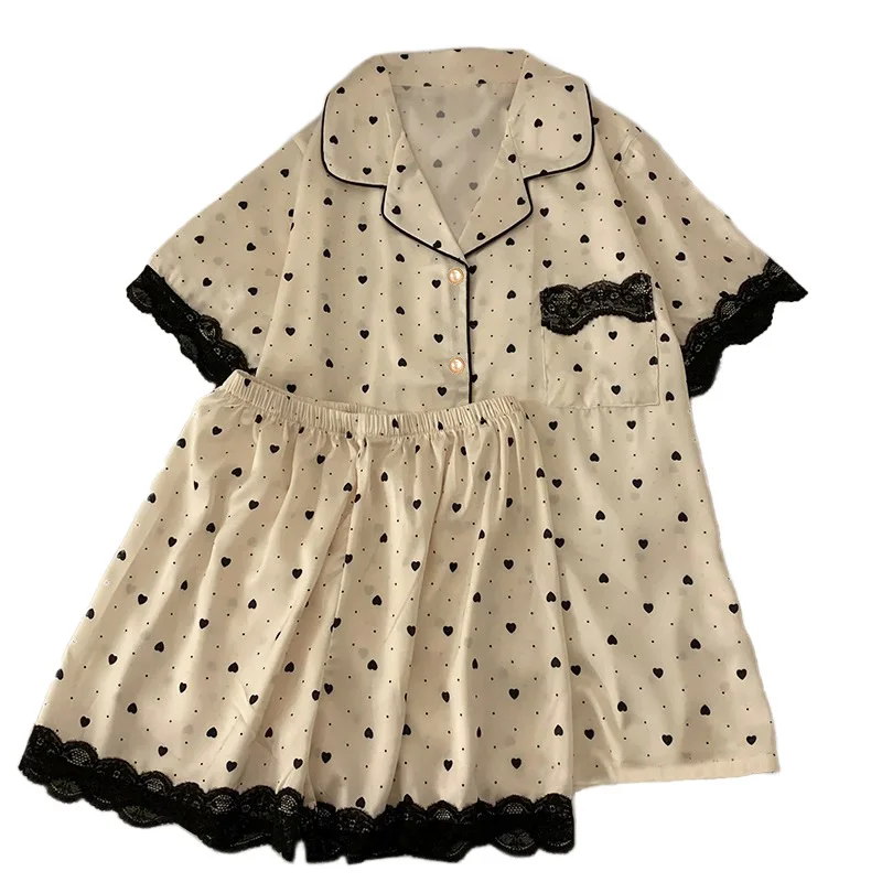 

Французские пижамы из ледяного шелка, шорты с короткими рукавами для девочек, жаккардовая домашняя одежда в форме сердца в форме сердца, которую можно носить на улице