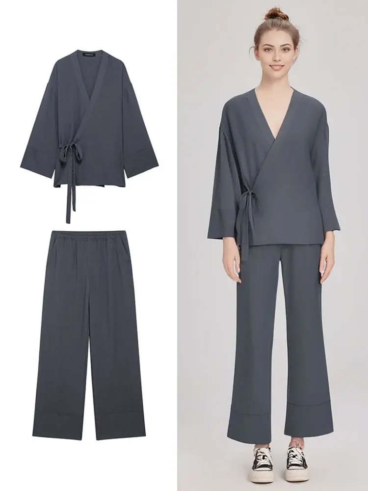 

HH женские повседневные пижамные стильные блузки и брюки, рубашки с длинным рукавом и бантом на шнуровке, брюки с эластичной резинкой на талии, женские серые наряды