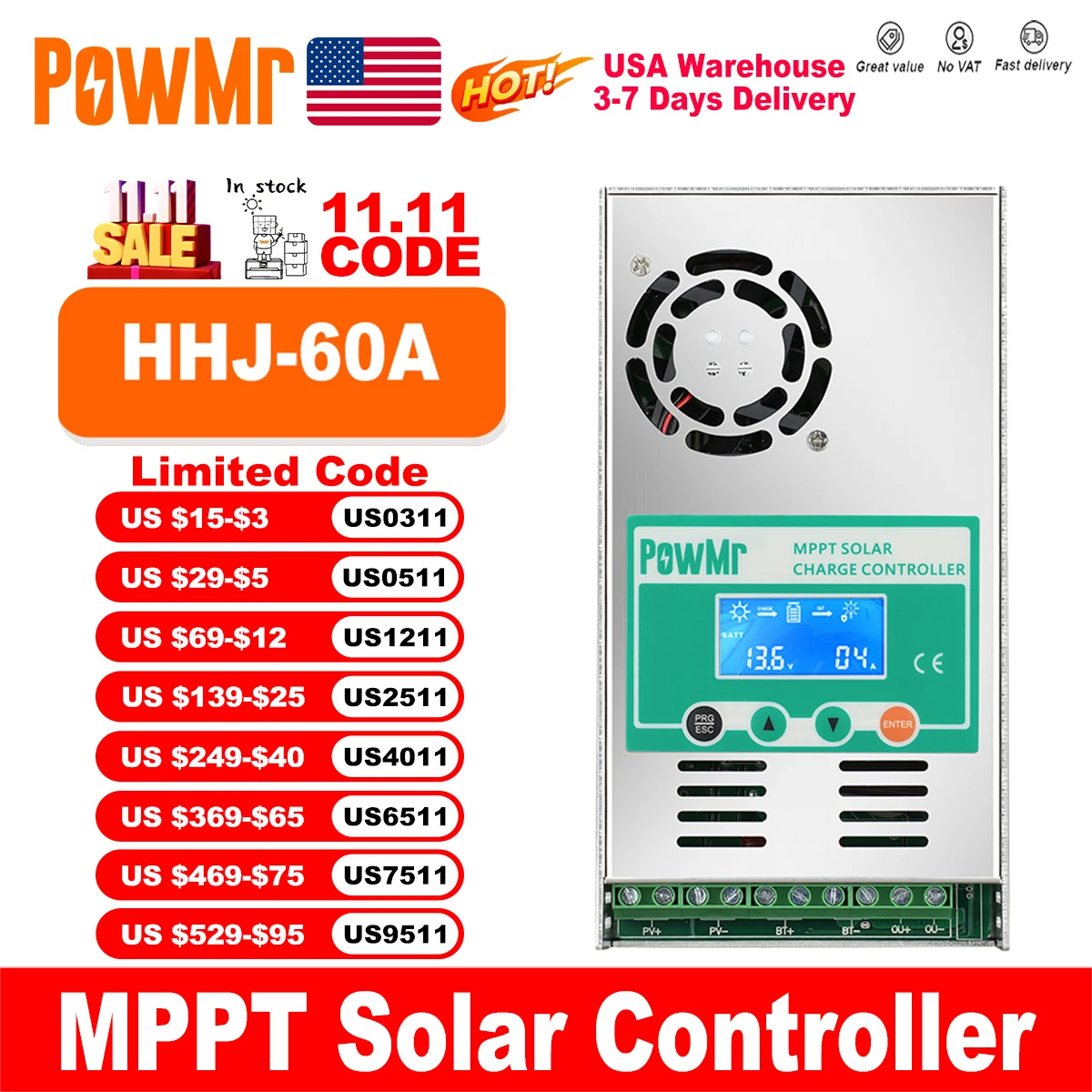 PowMr MPPT 60A Solar Charge Controller Discharge Backlight 12V 24V 36V 48V Auto for Vented Sealed Gel Nicd Li Solar Cells Panel