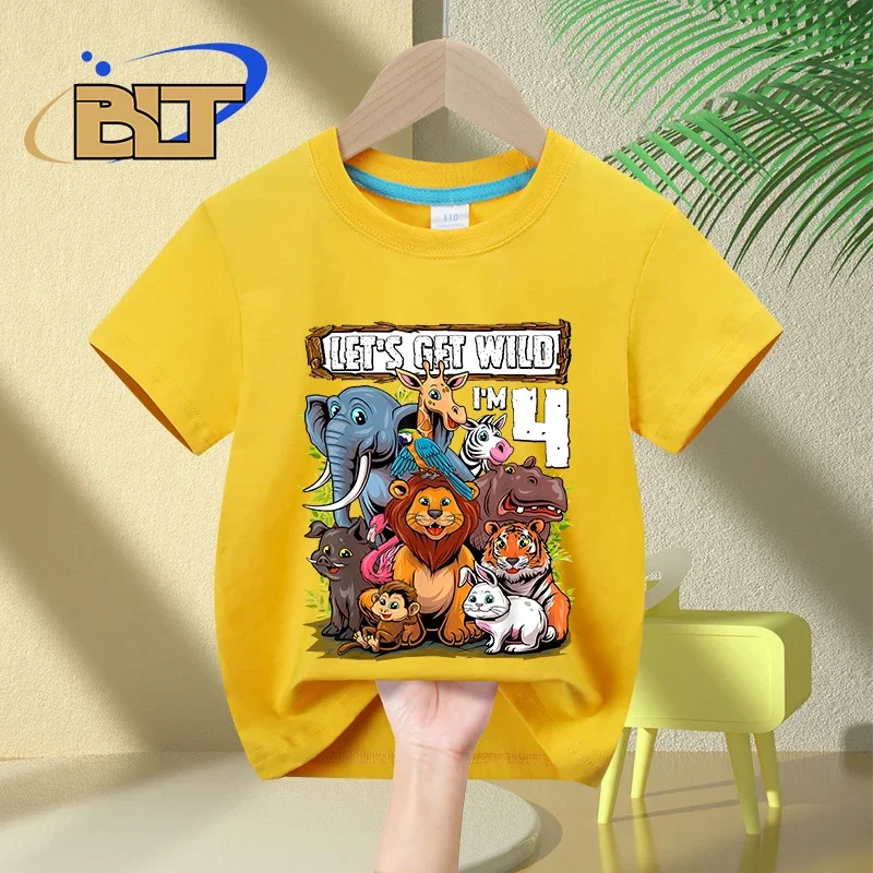 Camiseta infantil de algodão de manga curta, estampa safari, presente de aniversário infantil de 4 anos, verão