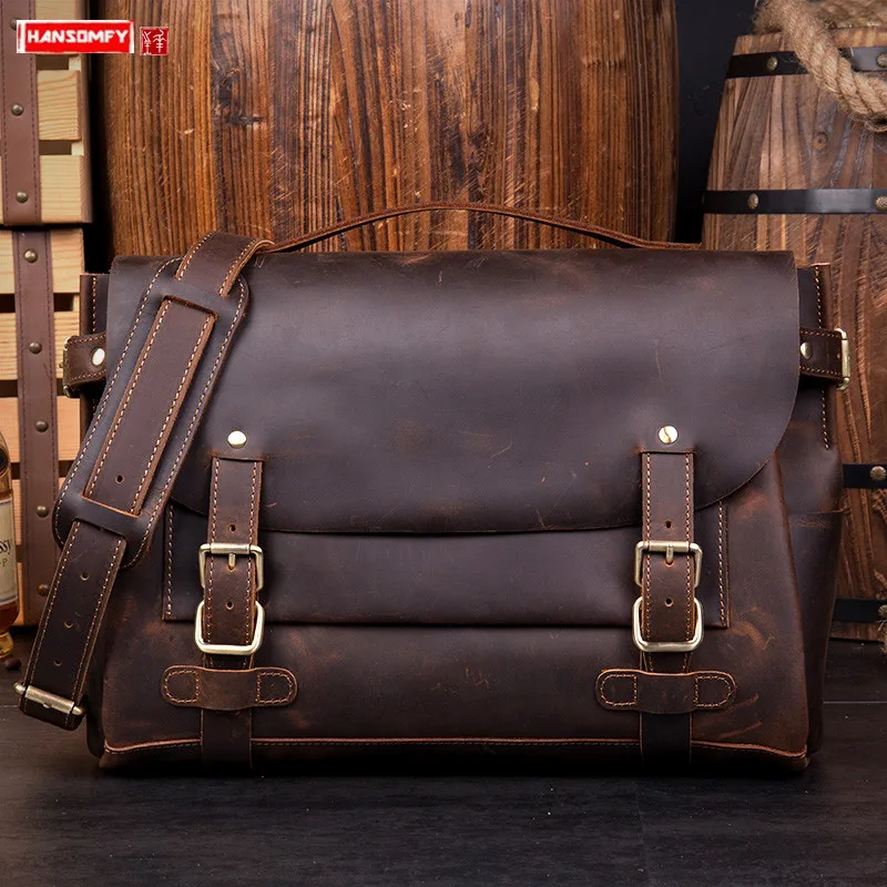 

Genuine Leather Men Handbags Business 15.6" Laptop Bag Briefcase Casual Shoulder Messenger Bag Cowhide Male Vintage Schoolbag