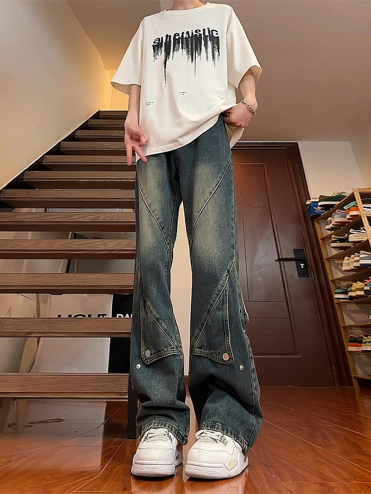 

Мужские джинсы в стиле американской уличной моды, модные брендовые брюки Haome Street, длинные приталенные прямые брюки с легким расклешением