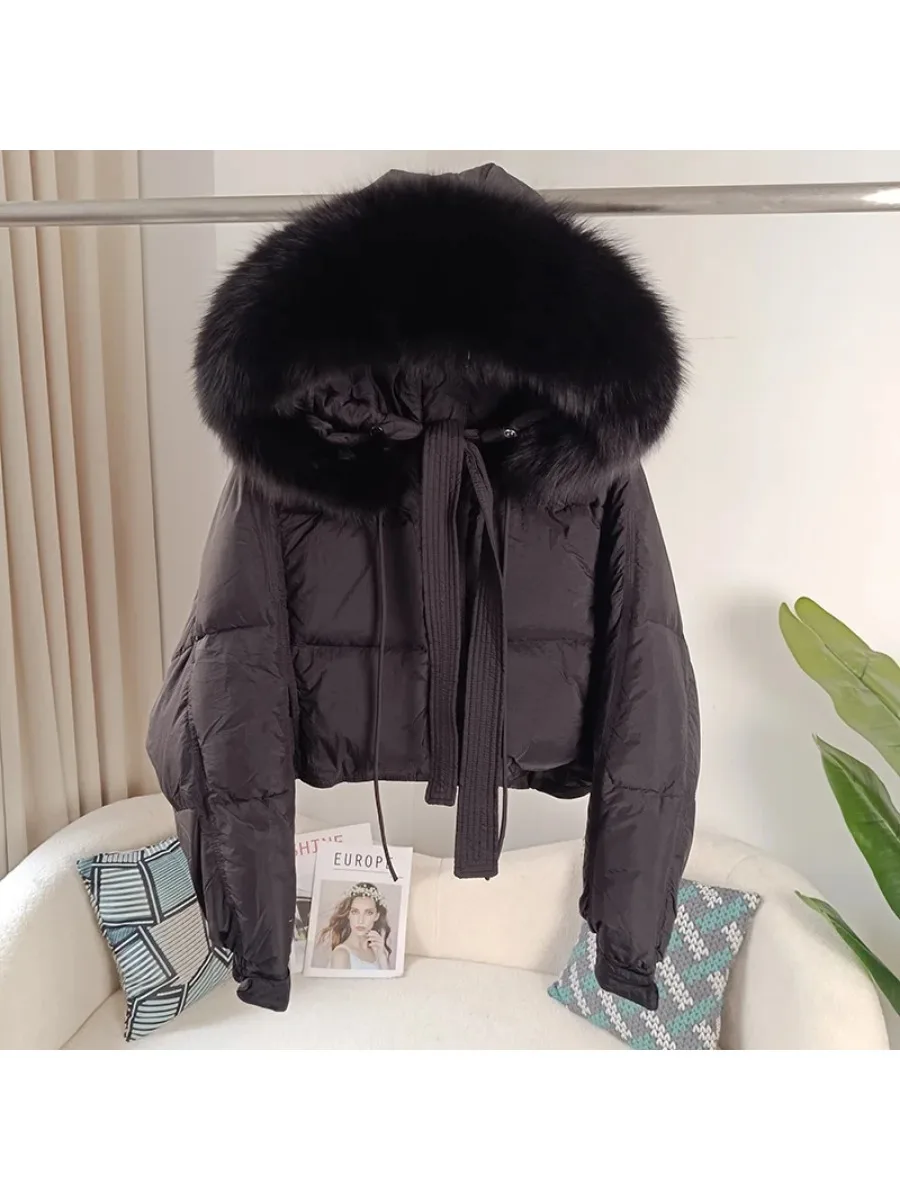 New Duck Down Loose Winter Jacket Women Real Fox Fur Raccoon Fur Collar Hooded Thick Warm Streetwear Outerwear Detachable