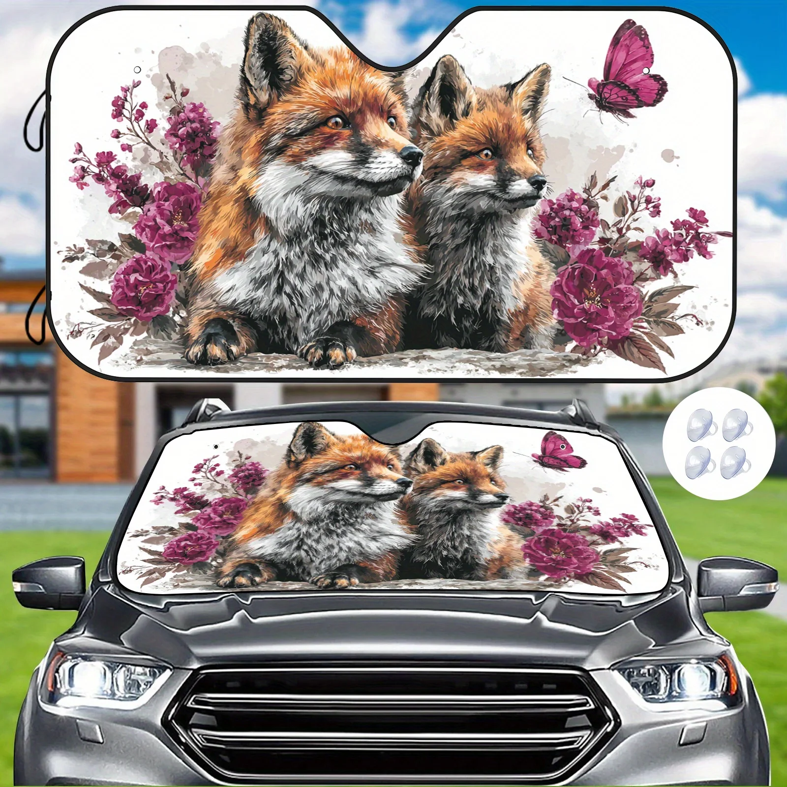 Watercolor Double Fox Car Sunshade Featuring A Fox Design Surrounded By Flowers And Butterflies, Providing Heat Insulation And M