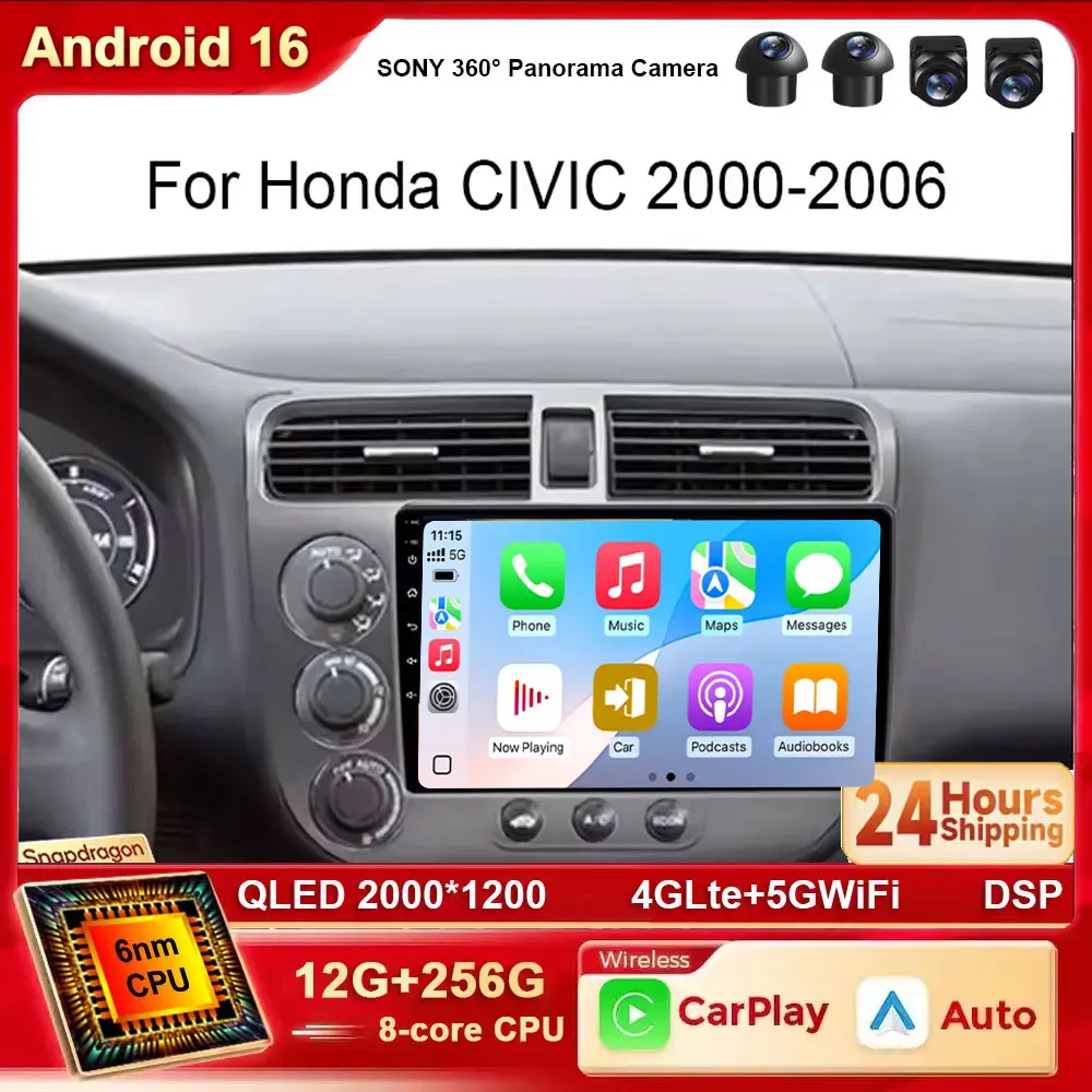 Android 16 Wireless Auto Carplay Car Radio Multimedia Player For Honda Civic 7 2000-2006 Car Navigation Head Unit WiFi 4G