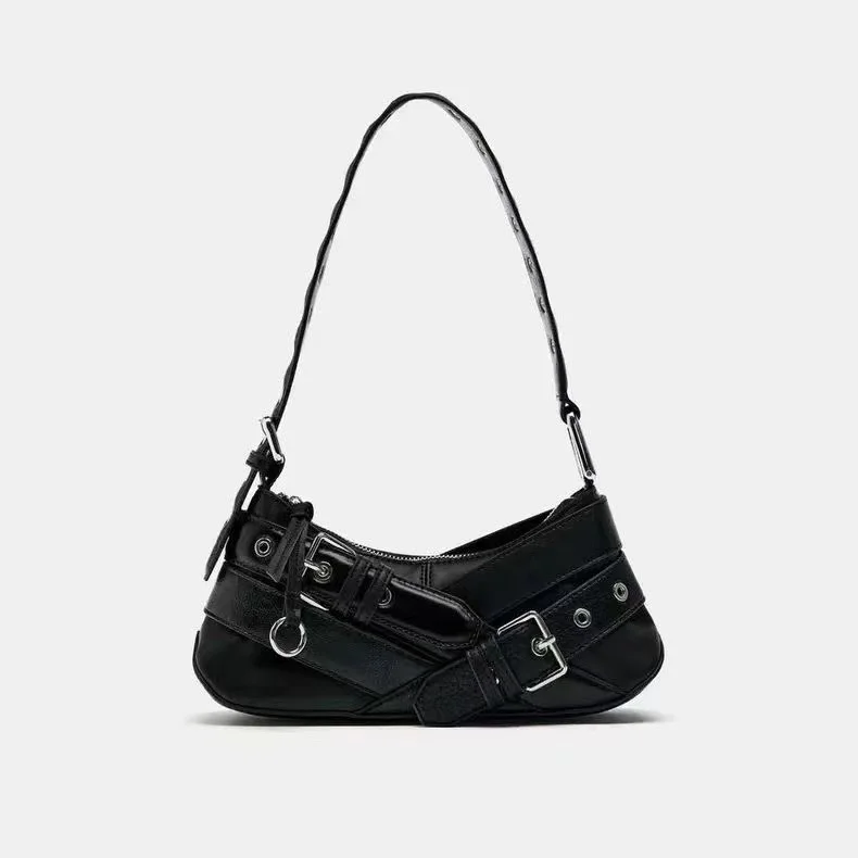 

Faionable Retro Brown Bla Spicy Girl Motorcycle Bag Underarm Single oulder Women's Versatile French Bread Bag