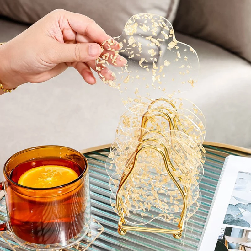 Heat Insulation Silicone Cup Coaster Attractive Elegant Gold Foil Decor Acrylic Mat Anti-cracking Cup Pad Coffee Table Decor