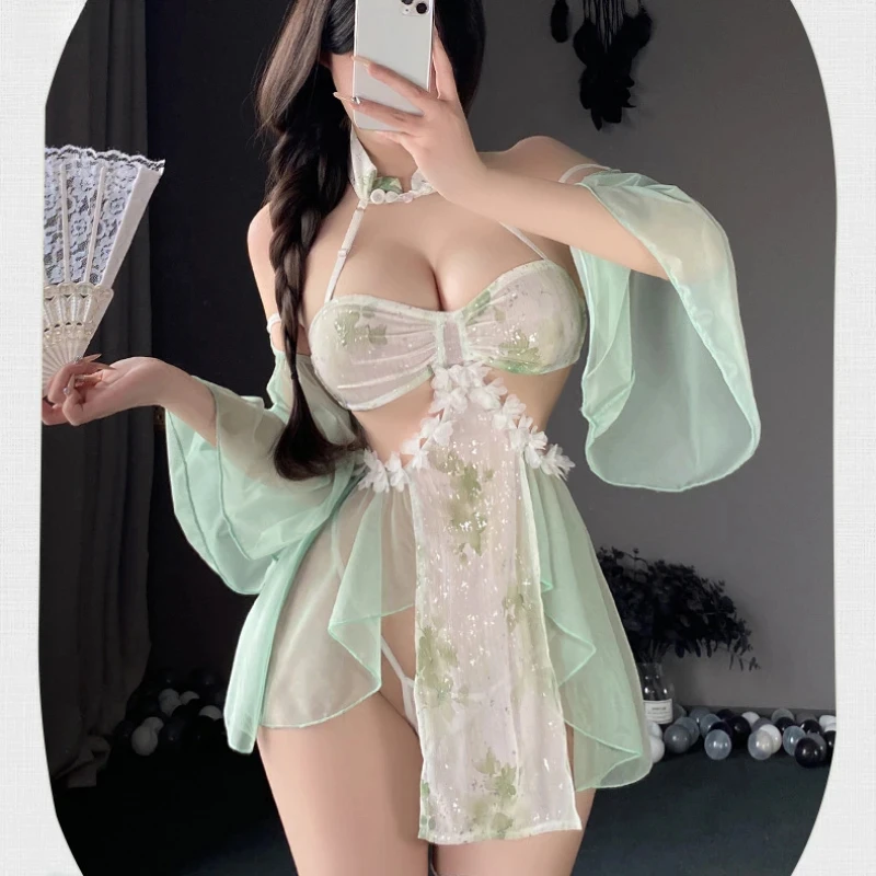 セクシーなスプリットチャイナスカートシースルー韓服女性ポルノセット中国改善伝統的なドレスエキゾチックな魅力の衣装グリーン 2025