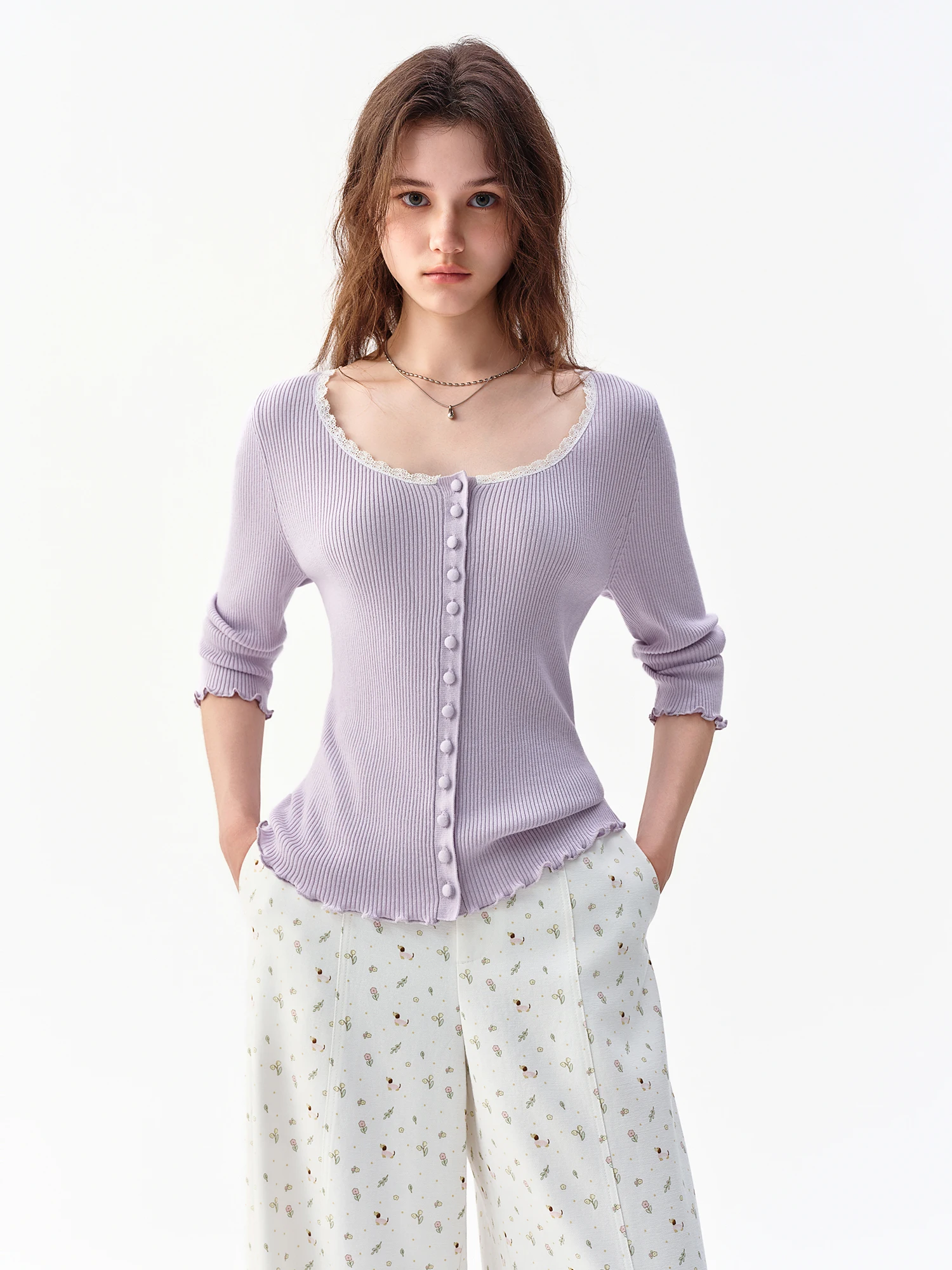 DUSHU 2026 Fall New Arrival Women Wool Blend Slim Fit Knit Top with Ruffle Trim Multi-Size Long Sleeve Commute Pullover Sweater - view 2