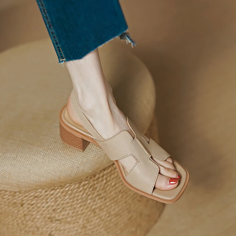2025 Summer Women Shoes Square Toe Chunky Heel Women Sandals High Heels Ladies Shoes Casual Leather Shoes Women Genuine Leather - Image 2
