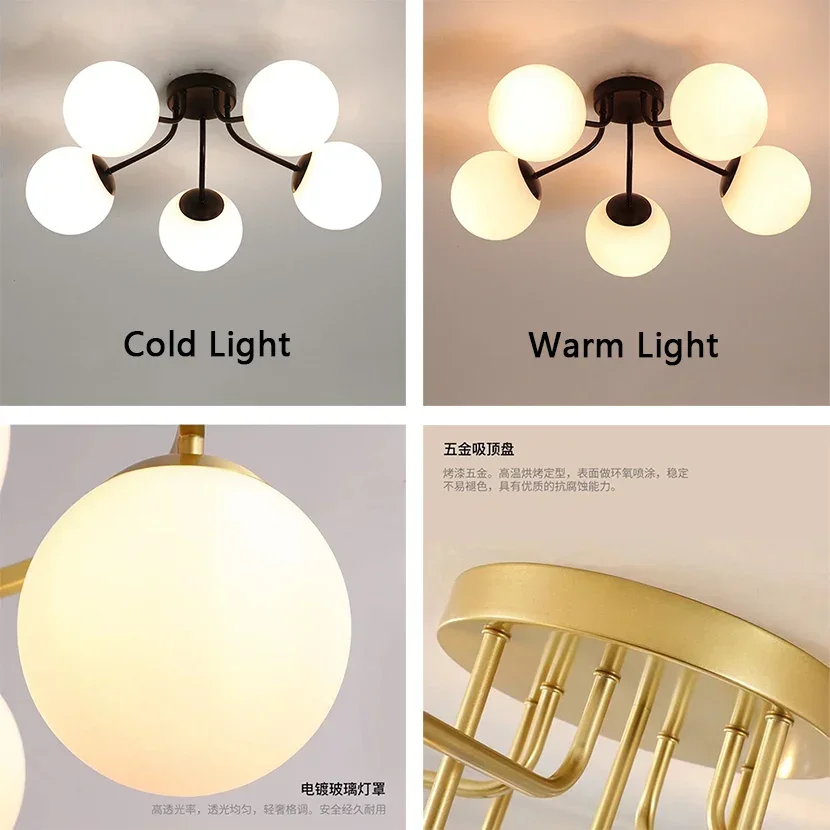 Imagem -05 - Coco-bola de Vidro Branco Luzes de Teto Lustre Moderno Preto e Dourado Corpo da Lâmpada para Sala e Quarto Drop Shipping