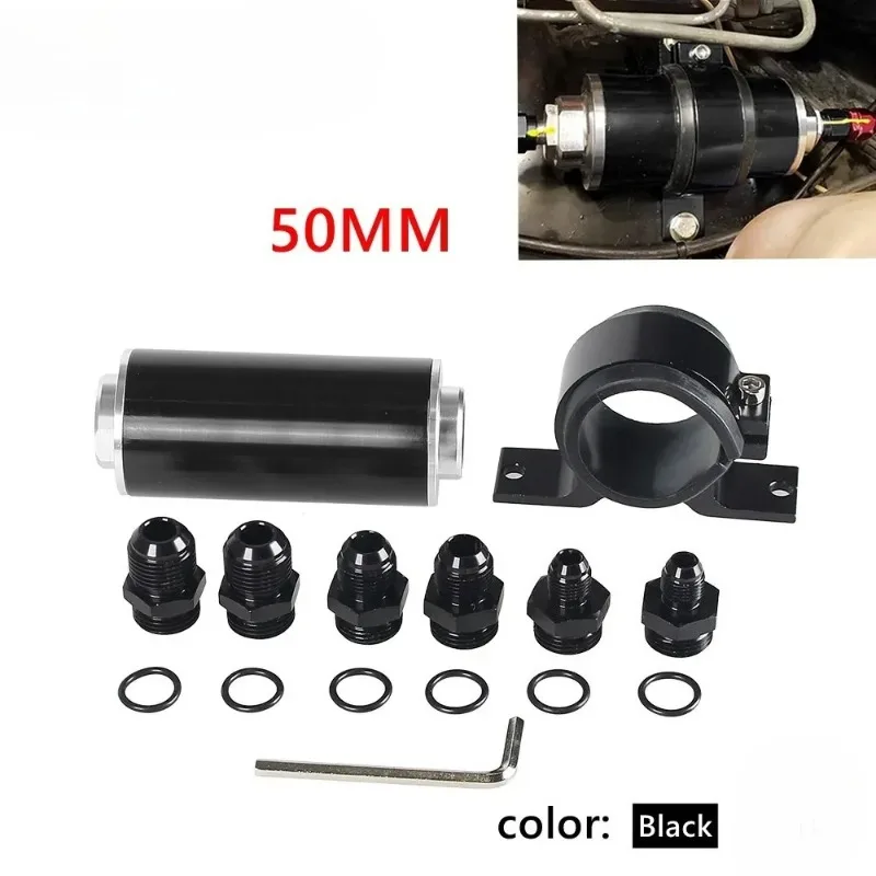 فلتر وقود مضمن 50 مم 100 ميكرون مع دعامة تثبيت من الألومنيوم ومفتاح ربط ومحول 6AN 8AN 10AN عالمي قابل للتنظيف أسود/أحمر #1