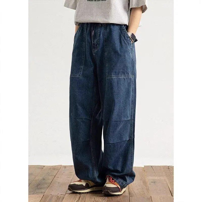 Japanese Large Size Straight Jeans Loose Drawstring Tooling Trousers Spring and Autumn Wide Legs Washed Large Boys Pants