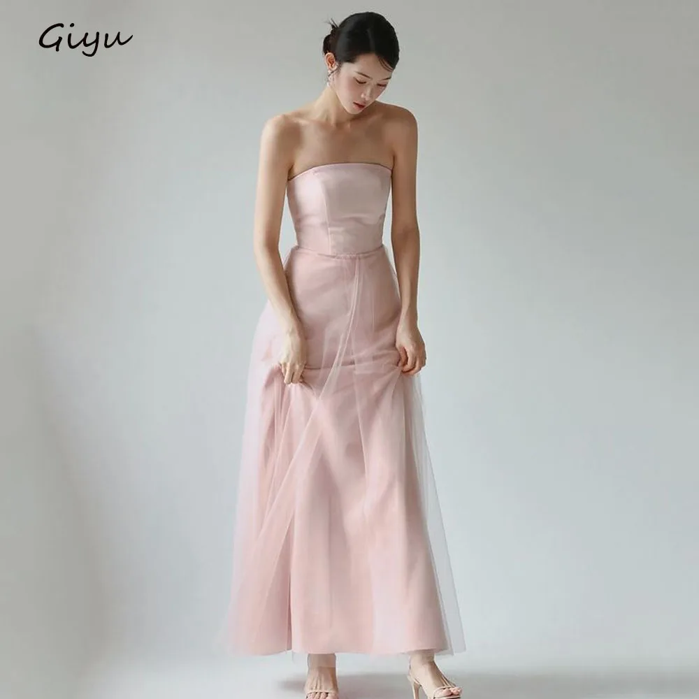 Giyu A-Line สีชมพูเกาหลีชุดแต่งงานถ่ายภาพสายรัดไหล่ที่ถอดออกได้ Strapless ชุดเจ้าสาวชุดราตรีที่กําหนดเอง