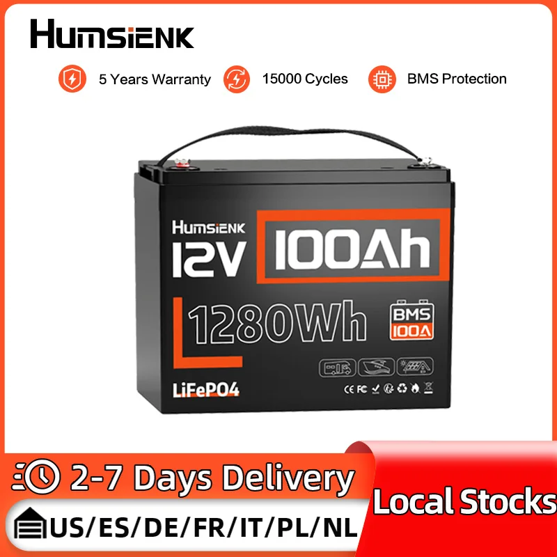 بطارية ليثيوم Humsienk LiFePO4 12 فولت 100 أمبير في الساعة حماية منخفضة الحرارة مدمجة 100 أمبير BMS 15000 دورات للشاحنات وعربة الجولف والقارب والمركبات الترفيهية والمخيمات GP24