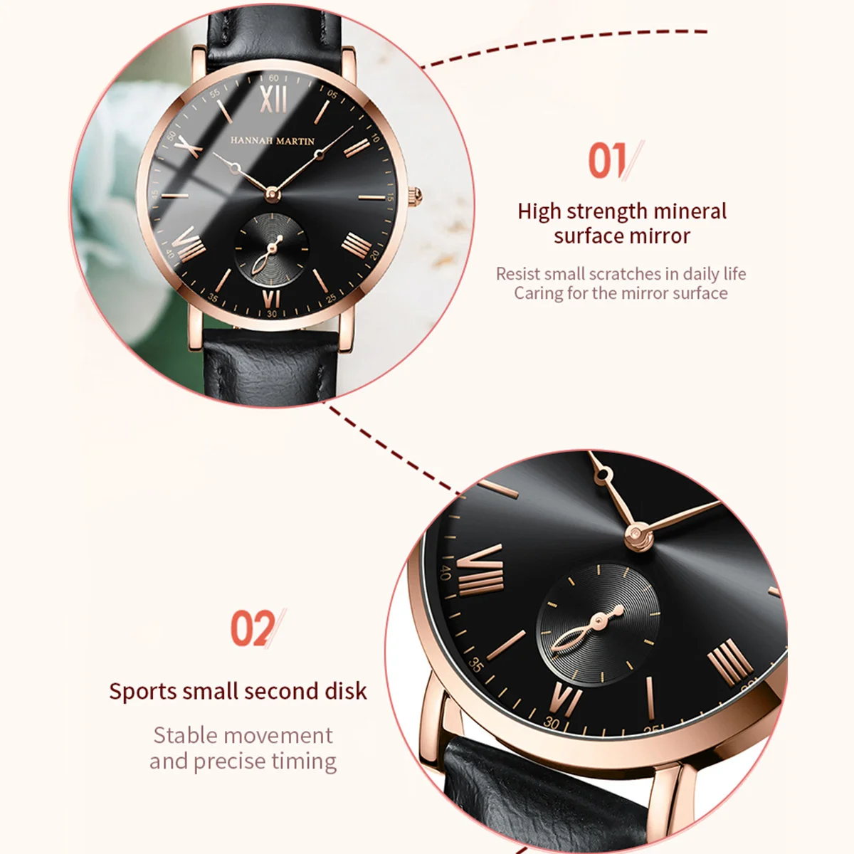هانا مارتن السيدات العلامة التجارية الأعلى المألوف الأسود ارتفع الذهب الأصلي حركة الكوارتز 6.9mm رقيقة جدا الهاتفي الساعات الرياضية عارضة