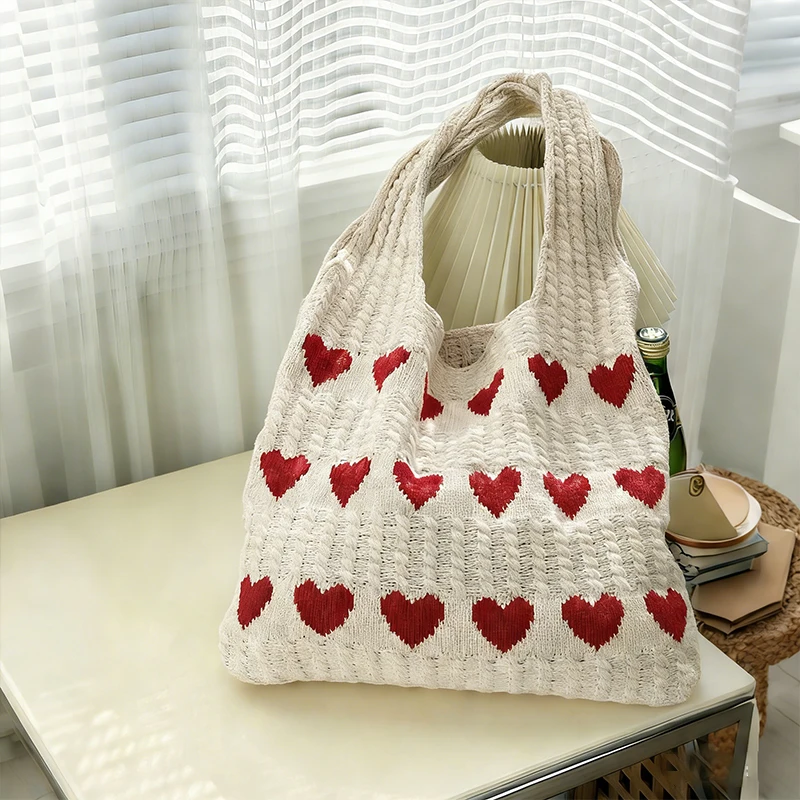 Gestrickte Tragetasche mit Liebesmuster, stilvolle gewebte Handtasche, Umhängetasche für Damen, Party, Arbeit, Reisen, Unterarmtasche, Outdoor