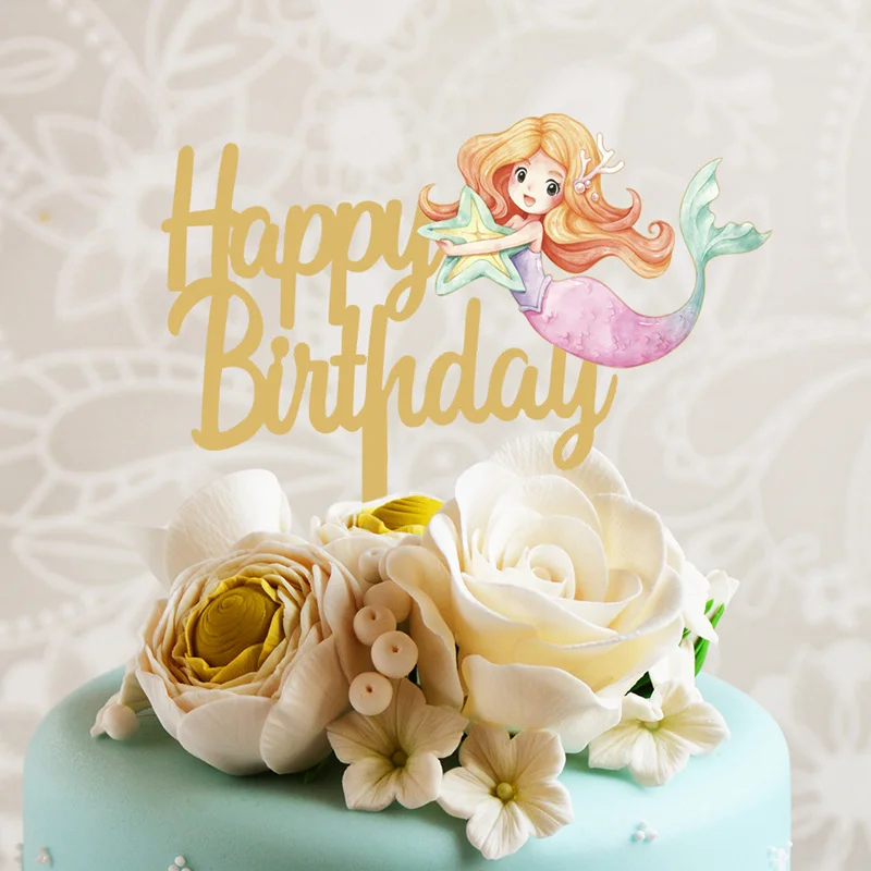 

New Mermaid Happy Birthday Cake Topper Cute Cartoon Gold Acrylic Kids Birthday Party Cake Topper Dessert Decoration Baby Shower