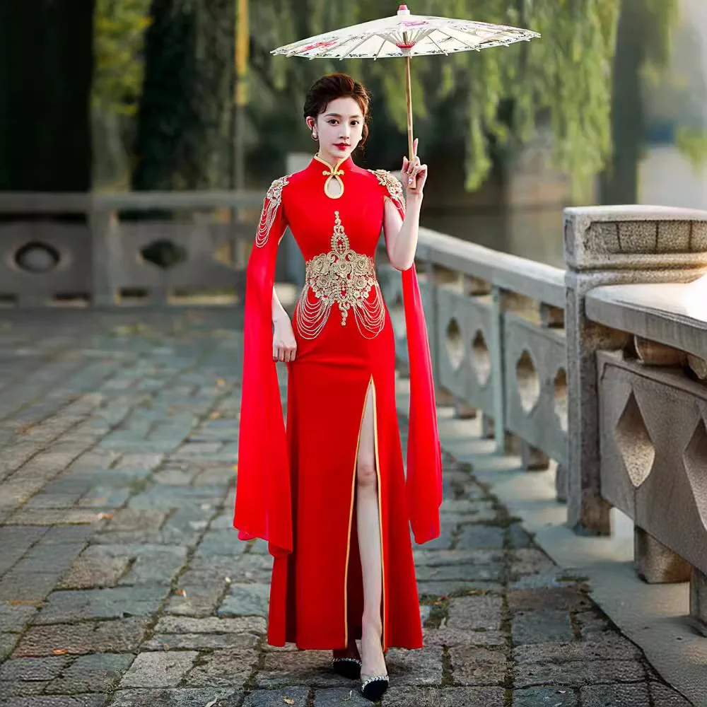 

Sexy Mermaid Female Cheongsam Elegant Applique Dress Gown Temperament Mandarin Collar Maxi Vestidos Fairy Trumpet Qipao