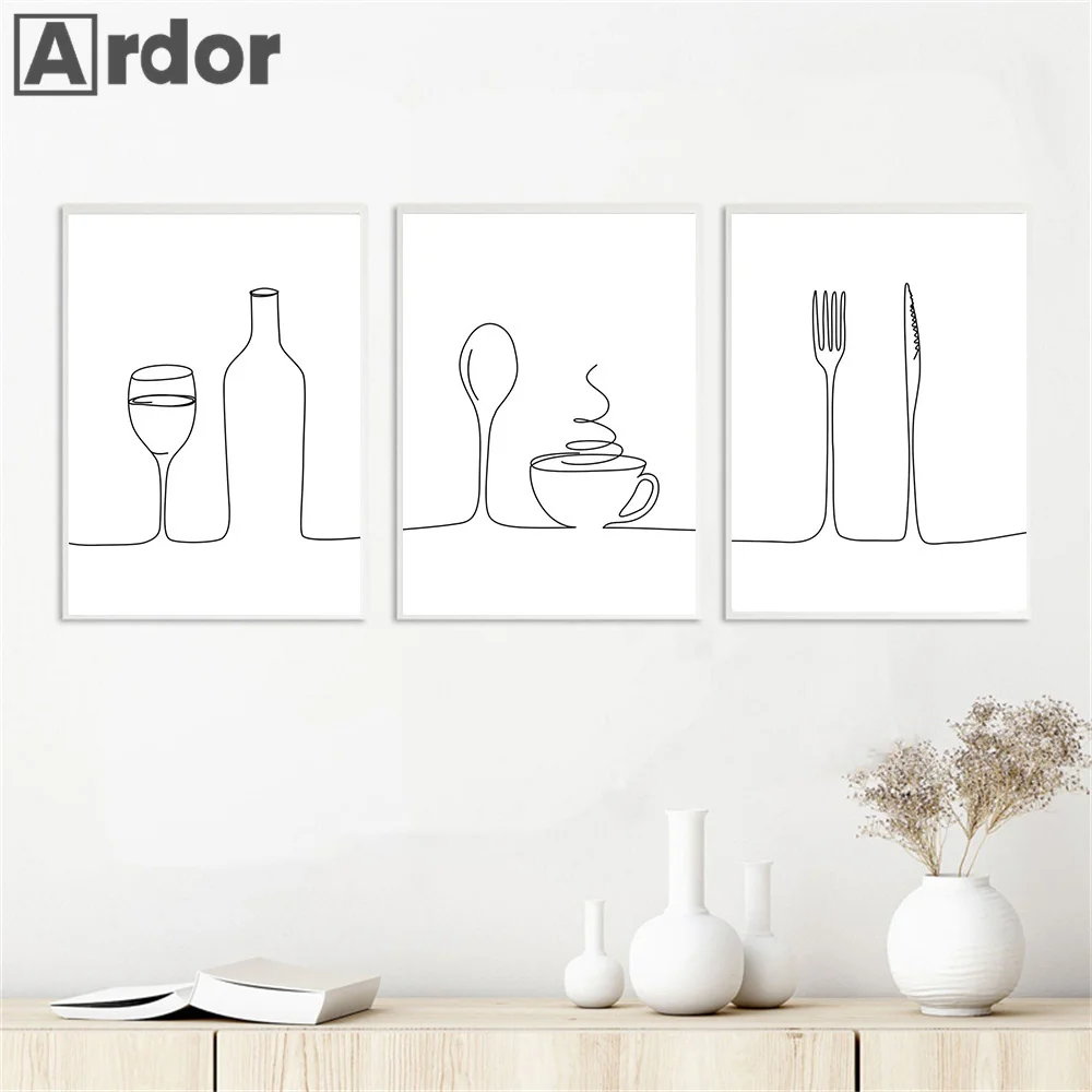 Modular Picture Nordic Style Printed Poster Line Coffee Red Wine Knife And Fork Wall Art Canvas Painting Kitchen Home Decoration