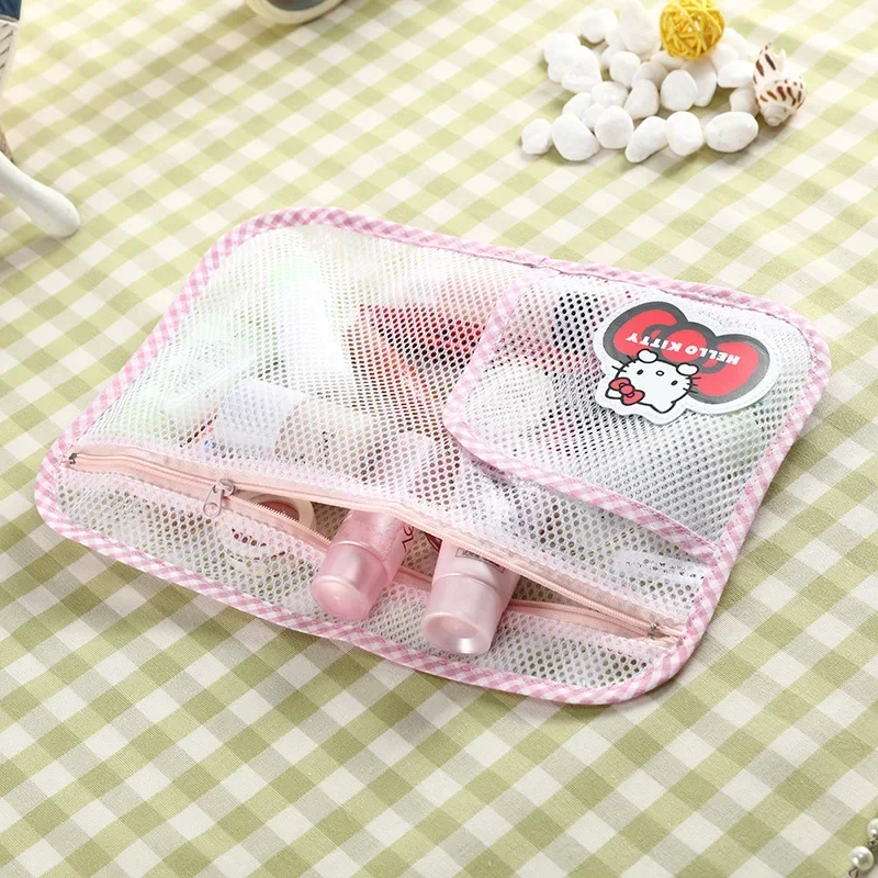 Sanrio Hello Kitty Mesh Transparent Cosmetic Bags Women Cute Cartoon Makeup Bag Portable Travel Toiletry Organizer Storage Pouch