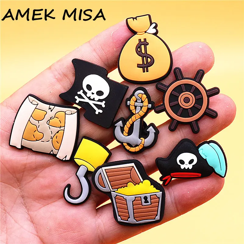 Cartoon Pirate Style PVC Shoe Charms Decorations Treasure Map Anchor Hook Rudder Shoes Buckle Accessories Badges Pins