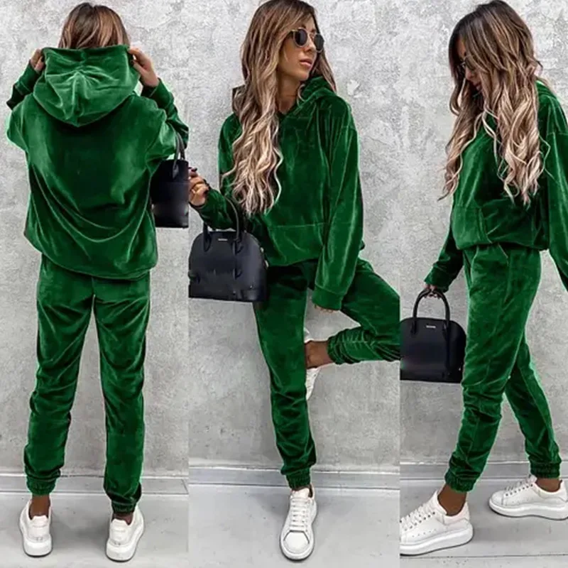 Spring Autumn Women\'s Clothing Sets Female Solid Color Velvet Pocket Hoodie + Sport Pants Trousers Women 2 Piece Set Outfit