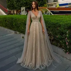 Robe de Soirée de Luxe Arabe Nude Personnalisée Gratuite, Manches Cape, Forme Trapèze Perlée, Sexy, 2023, pour Femme