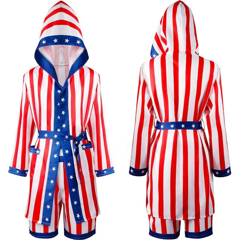 Boxeo con bandera americana para hombres y mujeres, Rocky Balboa para adultos, bata tipo bóxer de satén, pantalones cortos, cinturón para disfraz de Halloween, 5;c,8'z,6.k;