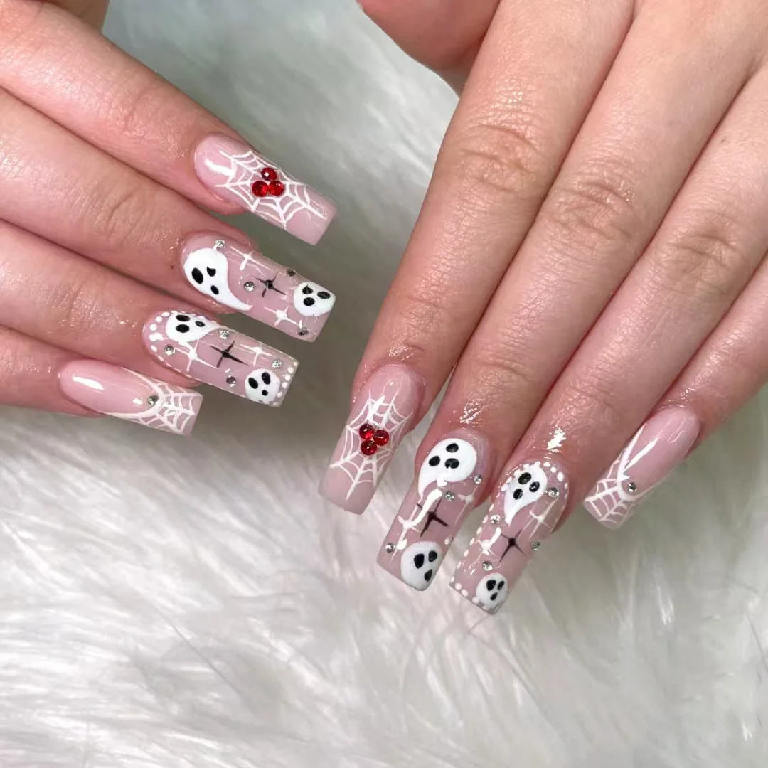 

24PCS Pink Halloween Medium Square False Nails with Glue Ghost Spider Web Pattern French Fake Nails for Women Sweet Simple Nails