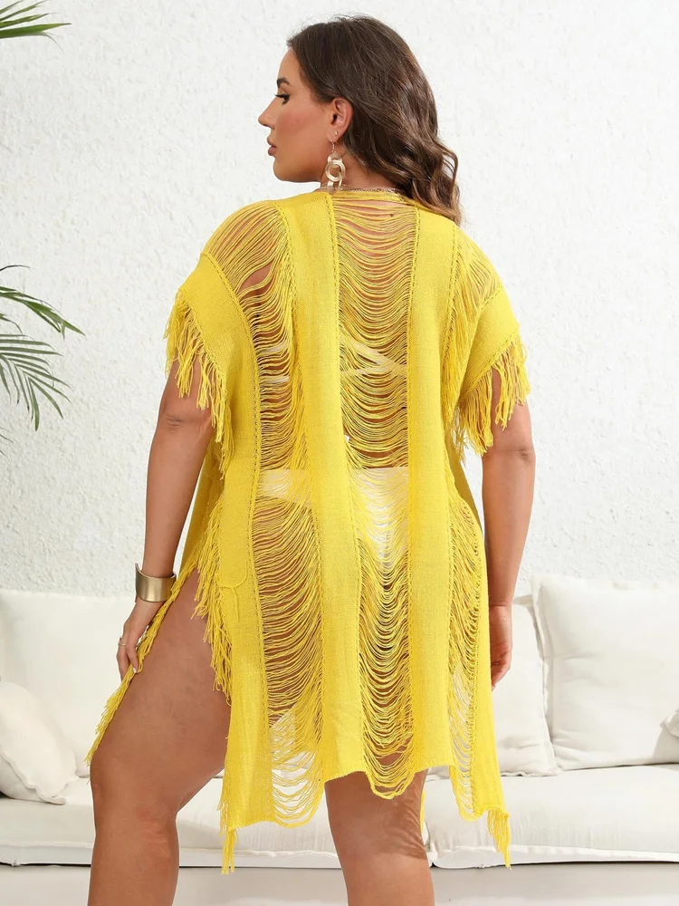 Gibsie Plus Size Sexy Uitgeholde Strandjurk Vrouwen O-hals Kwastje Gespleten Gebreide Badpak Cover Up Strandkleding Dames Badpak